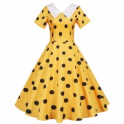Women Short Sleeve Peter pan Collar Summer Yellow Polka Dot Elegant Party Dress Casual Vintage A-line Midi Sundress